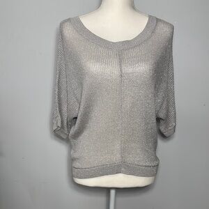 Loft Elegant Silver Gray Women's Sweater Open Knit V-Neck XSP 3/4 Sleeves